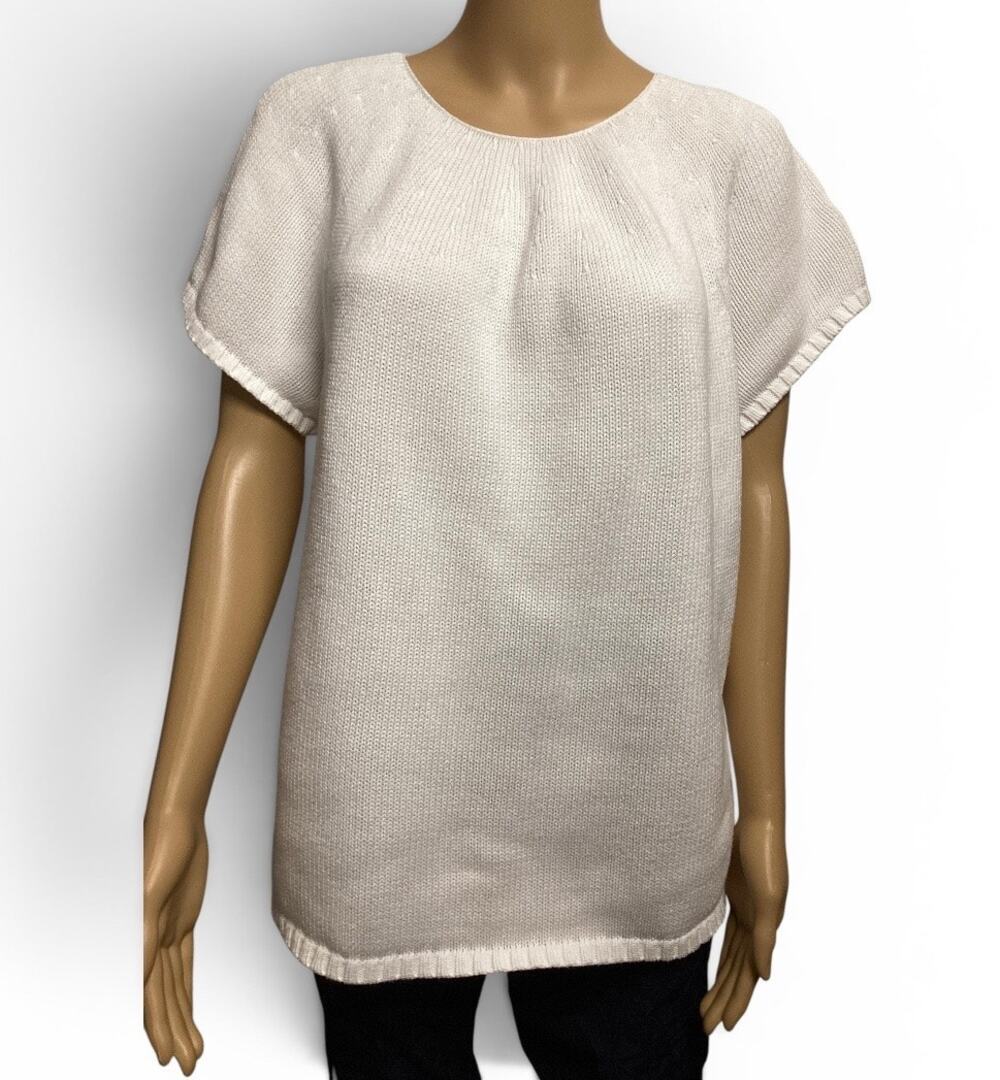 Eddie Bauer White Short Sleeve Knit Sweater Sunburst Rib Yoke Cream Top XXL Tall